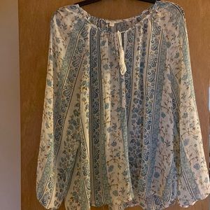 White large blouse with blue and brown print